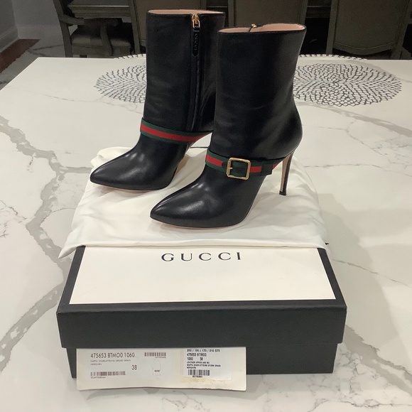 COPY - Gucci Sylvia Grosgrain-Trimmed Leather Ankle Boots. Size: 38. Color: Bla… - Picture 1 of 10